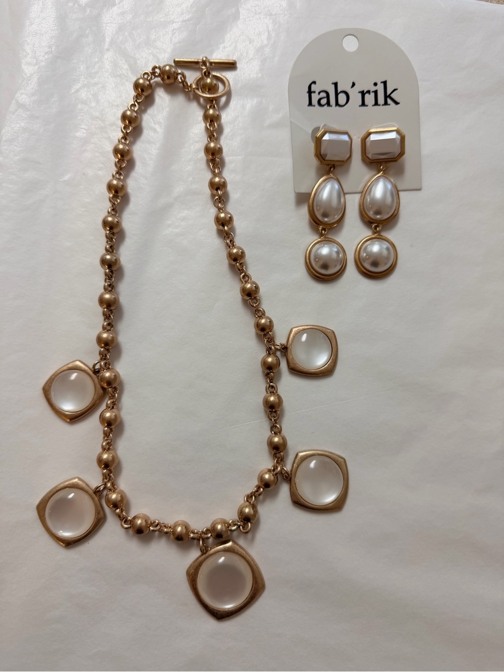 fab'rik Gold-Tone Bead Necklace with White Cabochon Drops and Matching Earrings